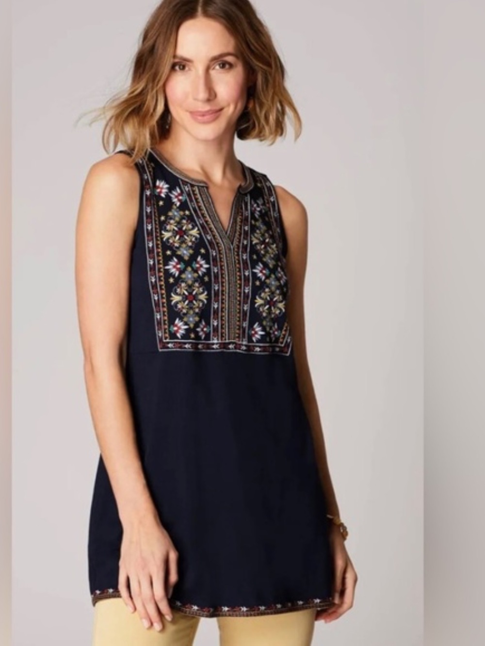 J. Jill Navy Embroidered Split Vneck Sleeveless Cotton Blend Tunic Top - Size:S
